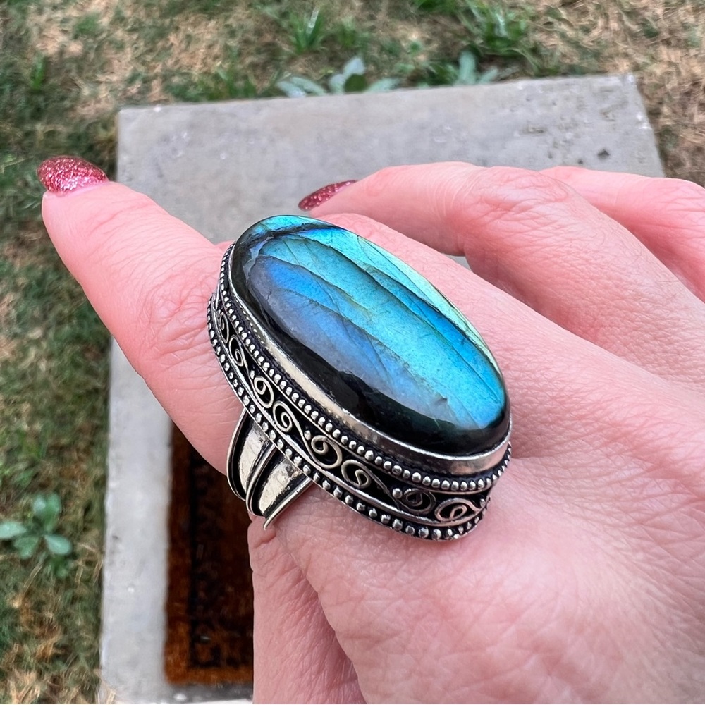 Large Blue Labradorite Statement Ring In Stamped … - image 2